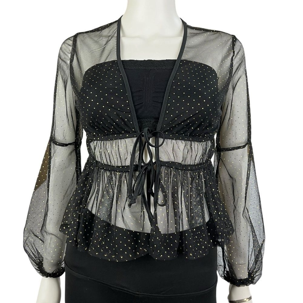 Sheer‎ Mesh Polka Dot Coquette Whimsigoth Fairycore Top XS Tie Front Blouse